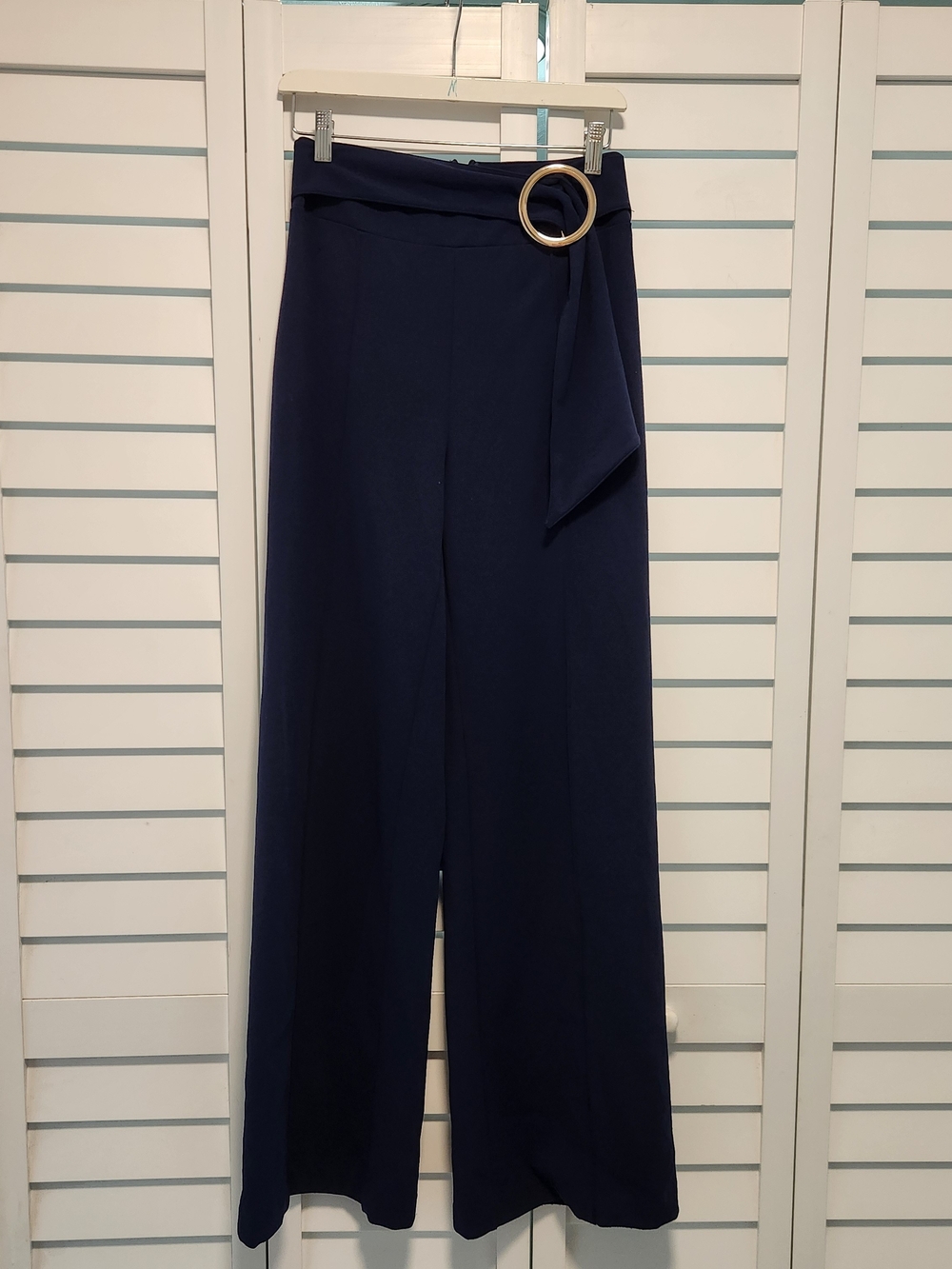 High-Rise Navy Wide-Leg Pants with Ring Waist Detail